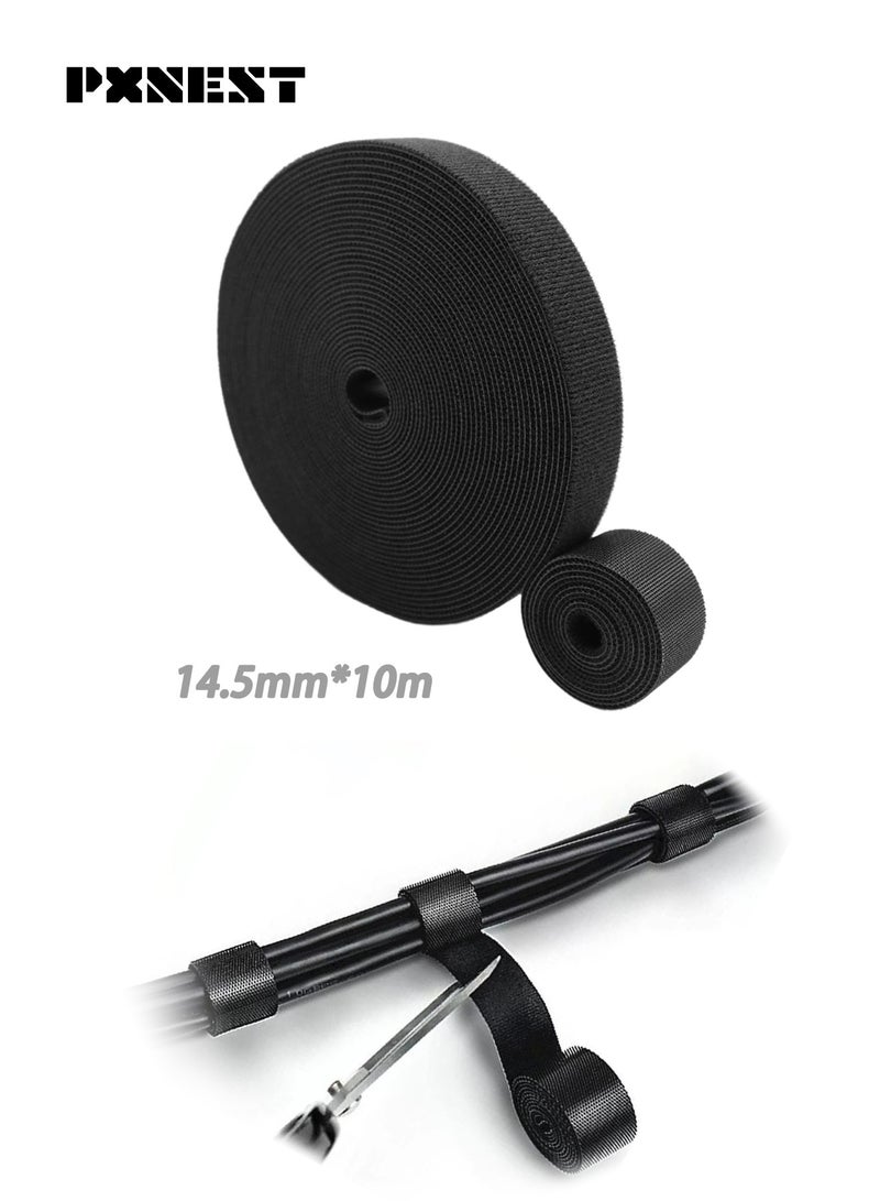 Pxnest Reusable Nylon Cable Tie Roll 10m, 14.5mm Width, Self-Adhesive Hook and Loop Cable Organizer, Black Multi-Purpose Wire Management Strap - Image 1